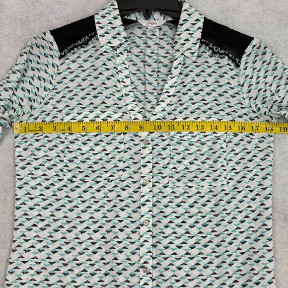 Candie’s XS Geometric Button Blouse Lace Shoulder Long Roll Tab Sleeve Top - Picture 4 of 13